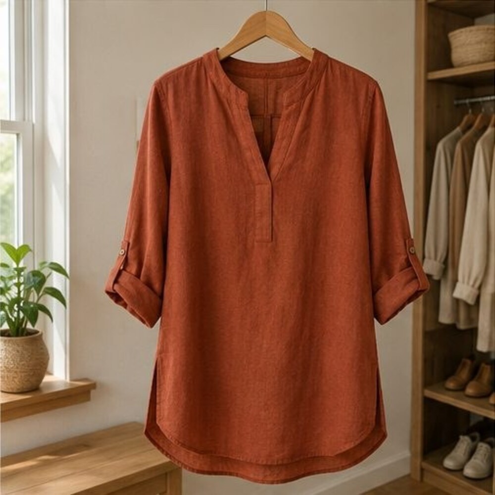 Rust Split Neck Tunic Blouse